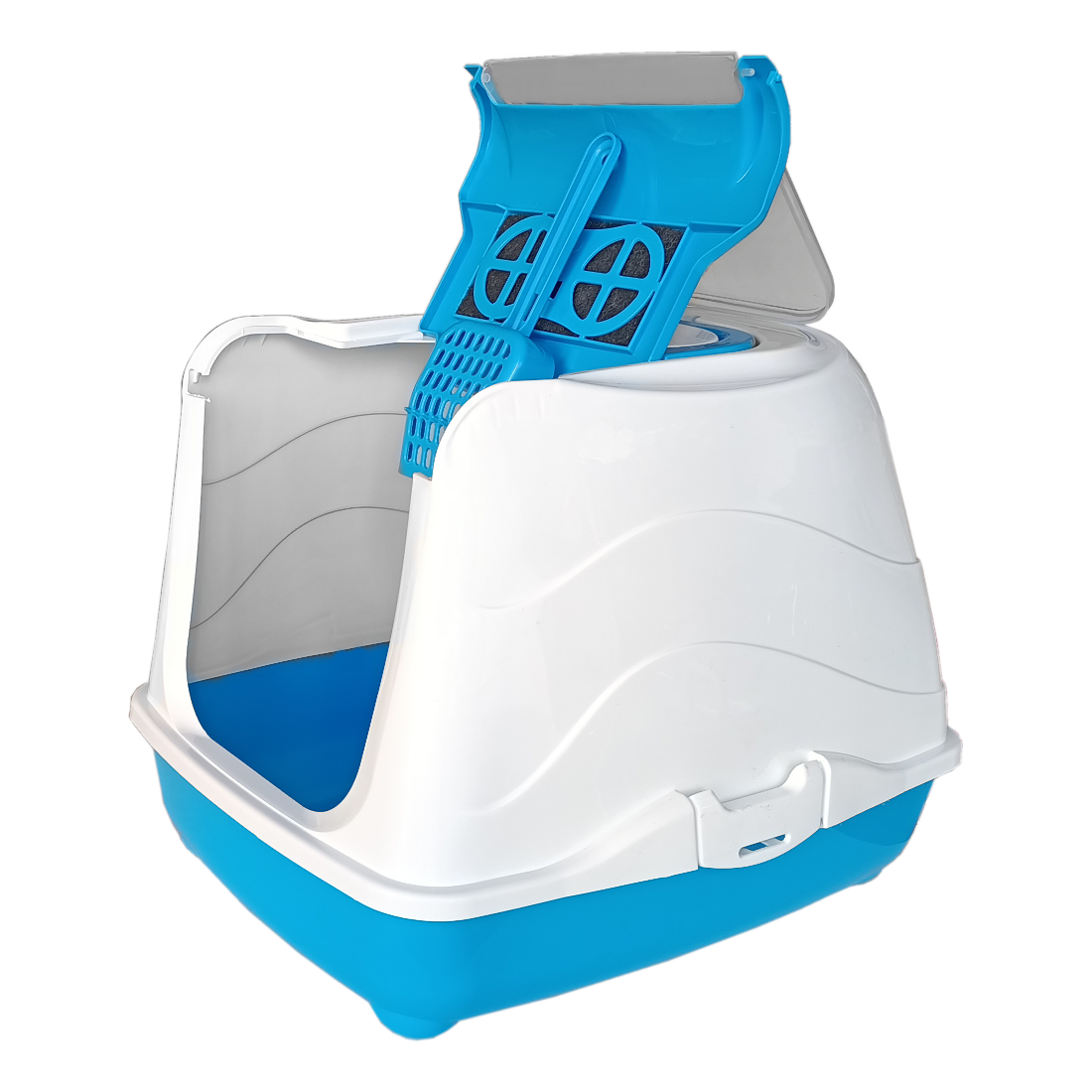 CLZ205  Karbon Filtreli Üstü Açılabilir Kedi Tuvaleti 36*36*49 cm Mavi + Kürek Hediyeli