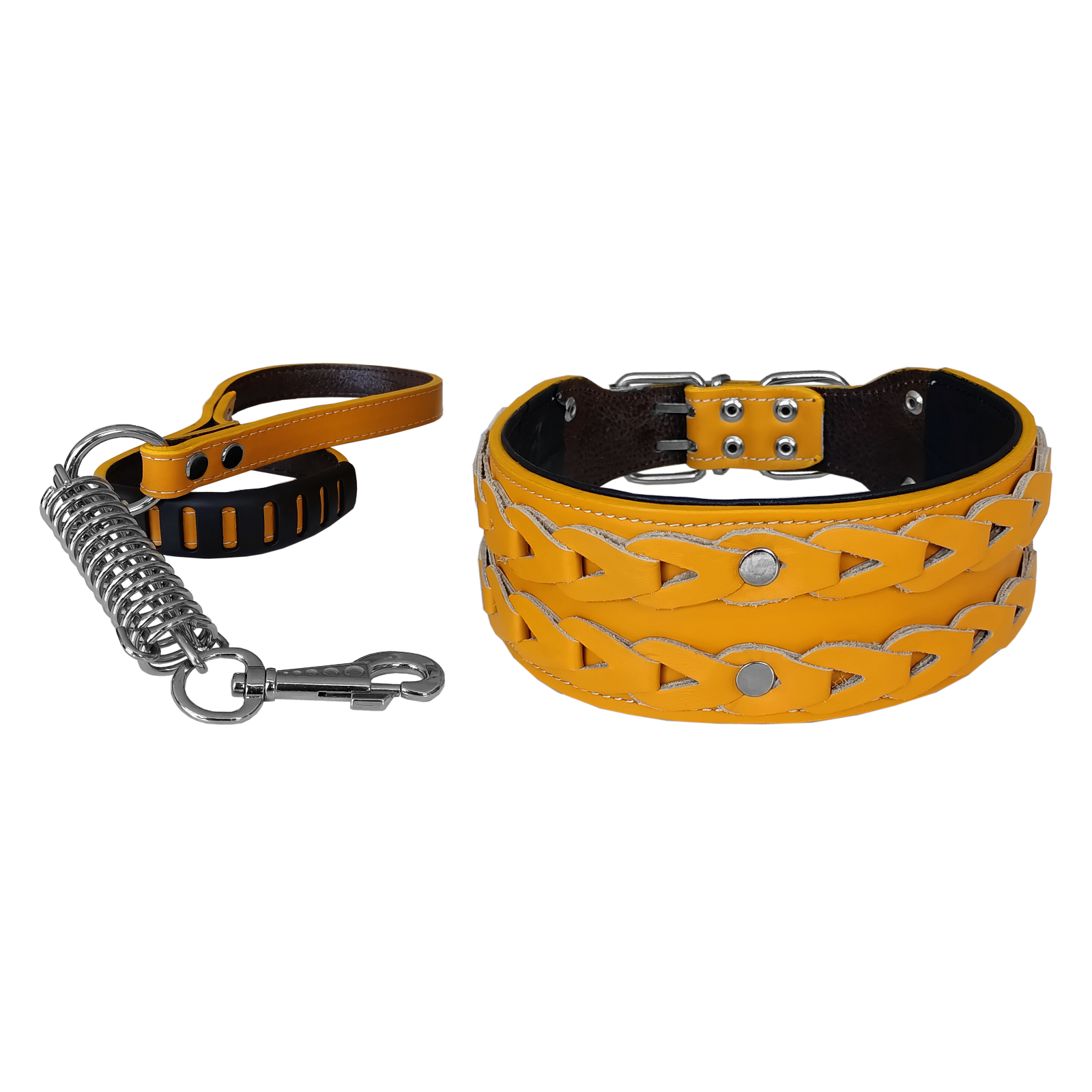 Elegance Deri İşlemeli Lüks Köpek Tasma Seti XL 7 cm*60-68 cm Sarı