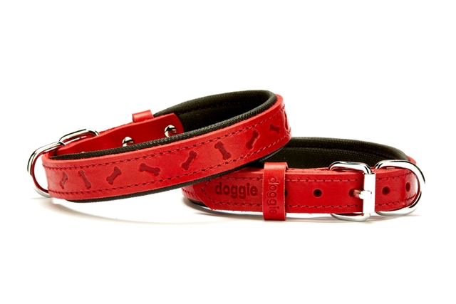 CLZ205  Kemik Desenli Deri Köpek Boyun Tasması 2,5x37x45 cm Kırmızı