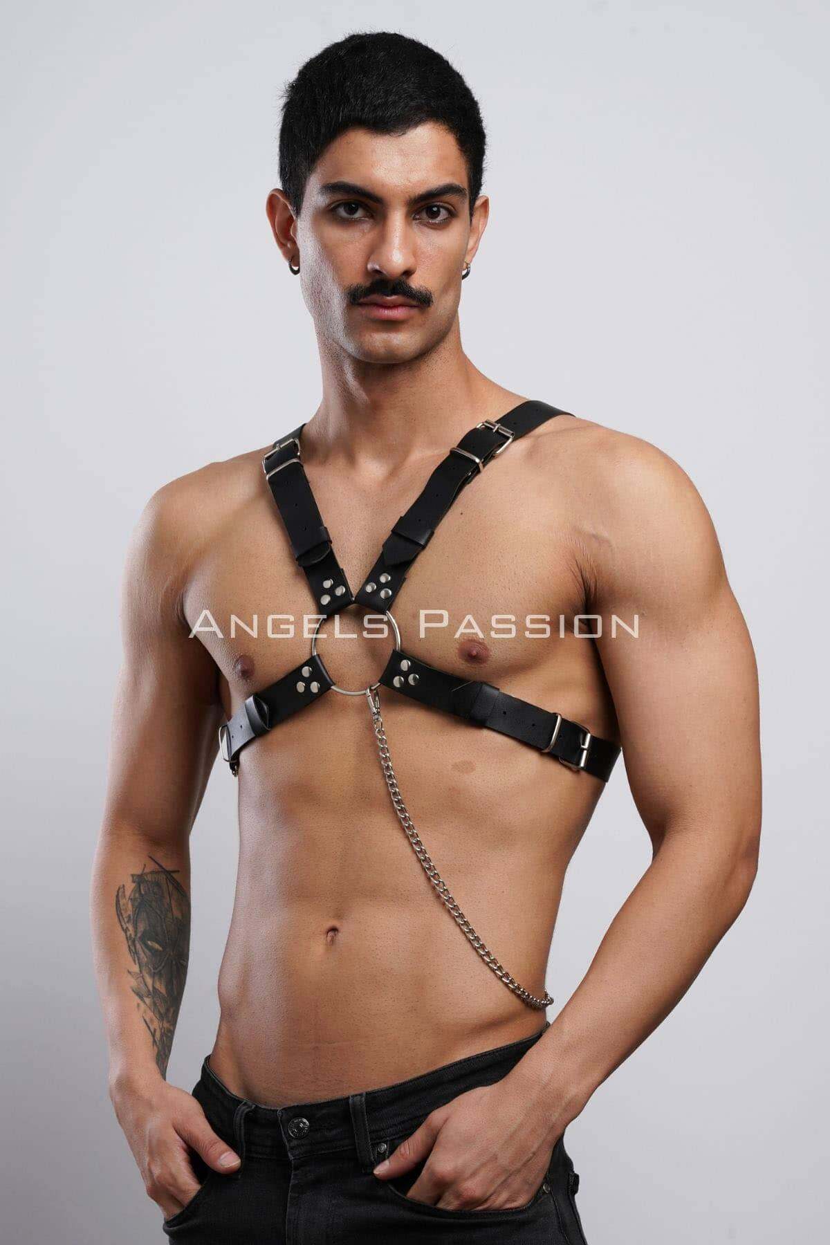 CLZ41 Zincir Detaylı Deri Erkek Göğüs Harness, Partywear, Clubwear - Ürün Rengi:Siyah