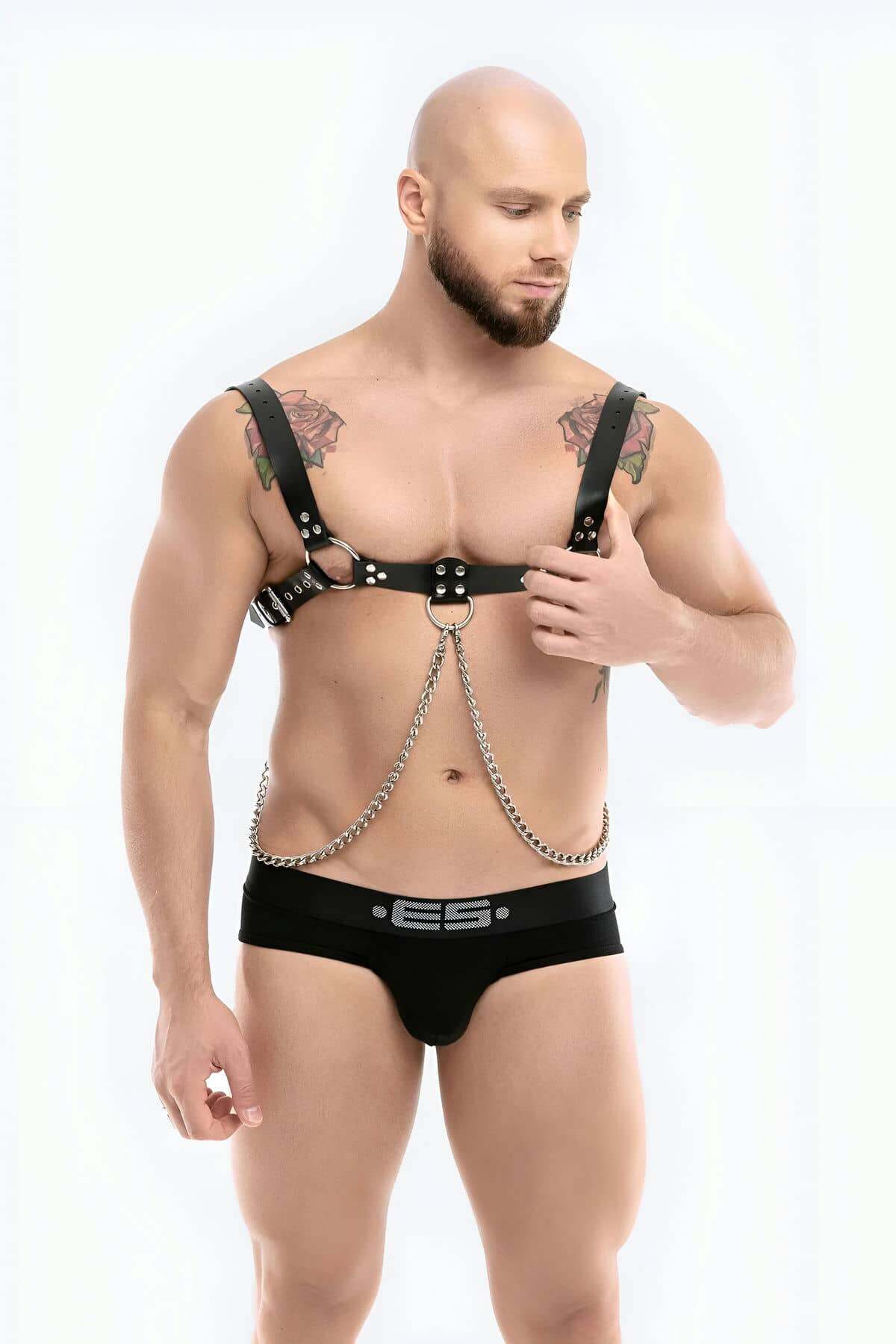 CLZ41 Zincir Detaylı Şık Erkek Deri Bulldog Göğüs Harness - Ürün Rengi:Siyah