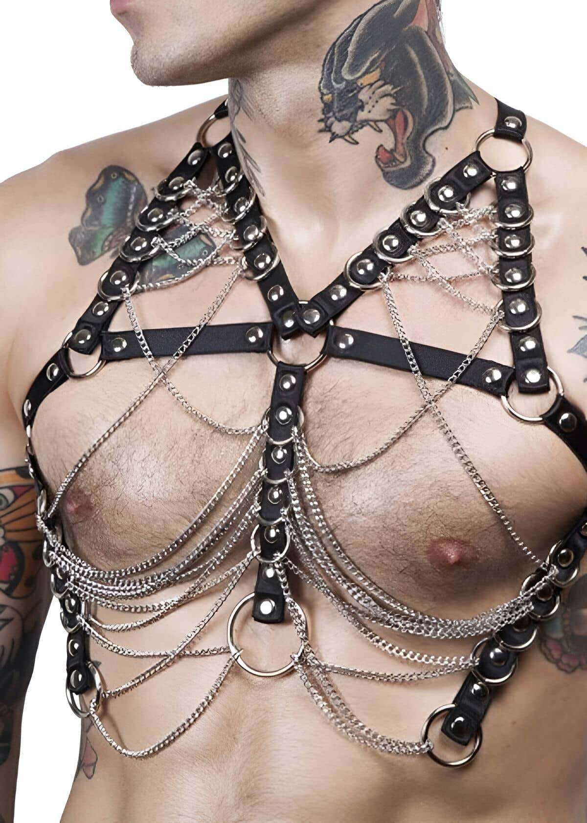 CLZ41 Zincir ve  Lastik Detaylı Seksi Erkek Gay Fantazi Giyim - Ürün Rengi:Siyah