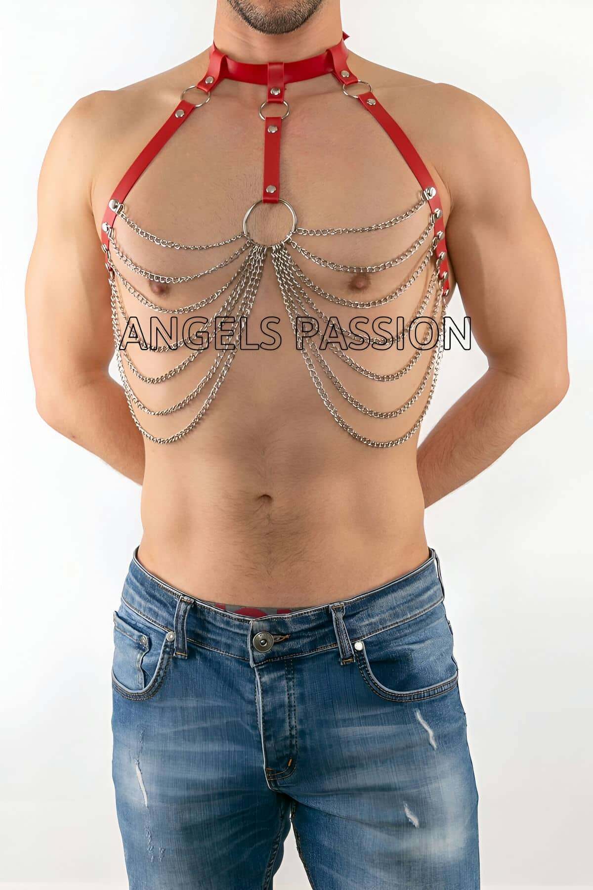 CLZ41 Zincirli Erkek Deri Göğüs Harness, Zincirli Erkek Harness-K1 - Ürün Rengi:Kırmızı