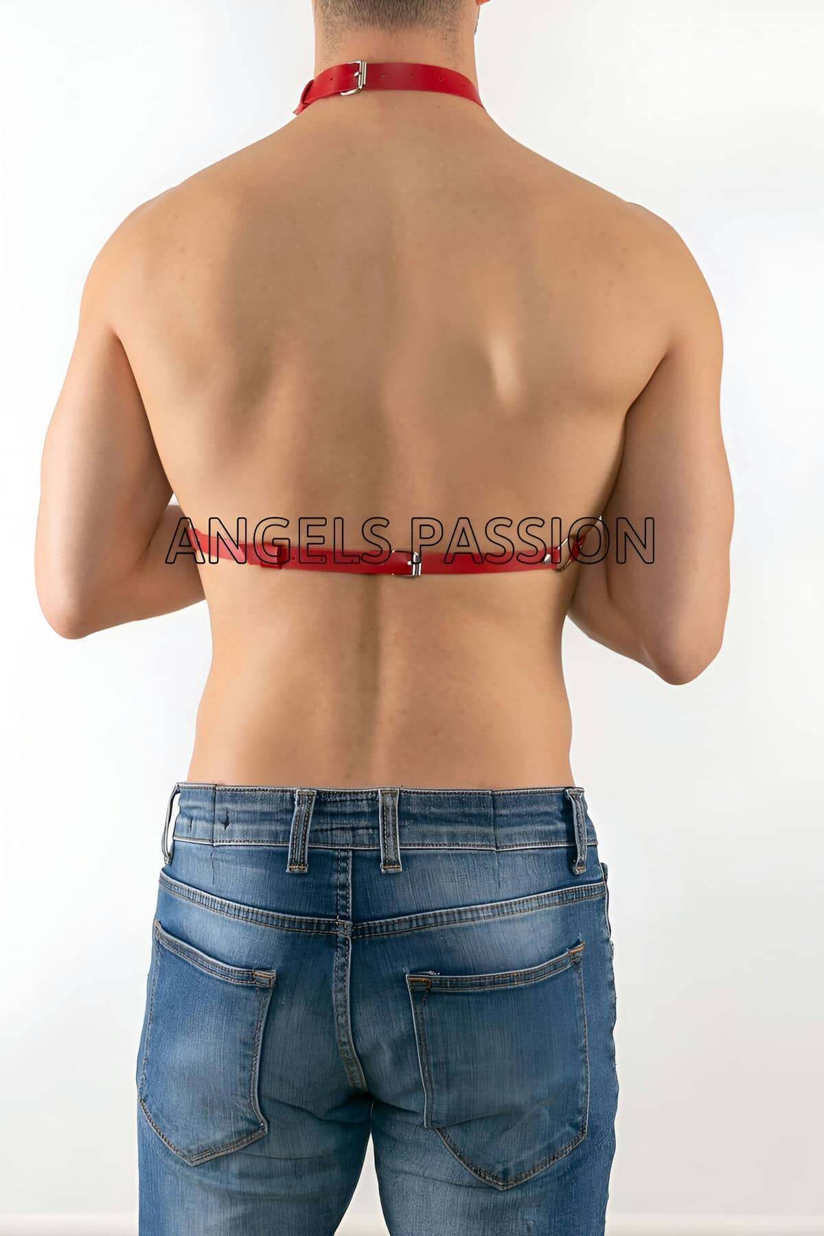 CLZ41 Zincirli Erkek Deri Göğüs Harness, Zincirli Erkek Harness-K1 - Ürün Rengi:Kırmızı