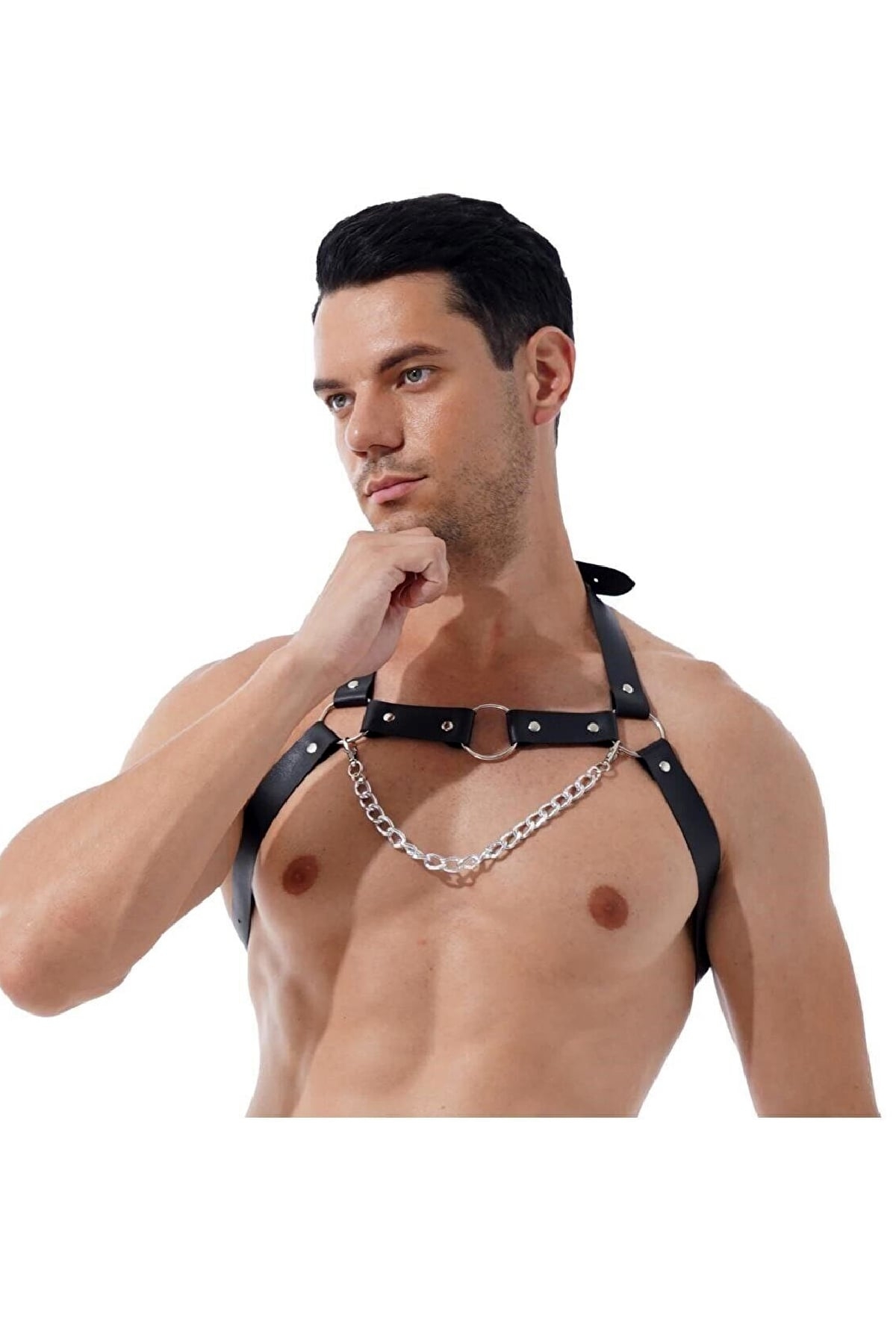 CLZ41 Zincirli Erkek Göğüs Deri Harness - Ürün Rengi:Siyah