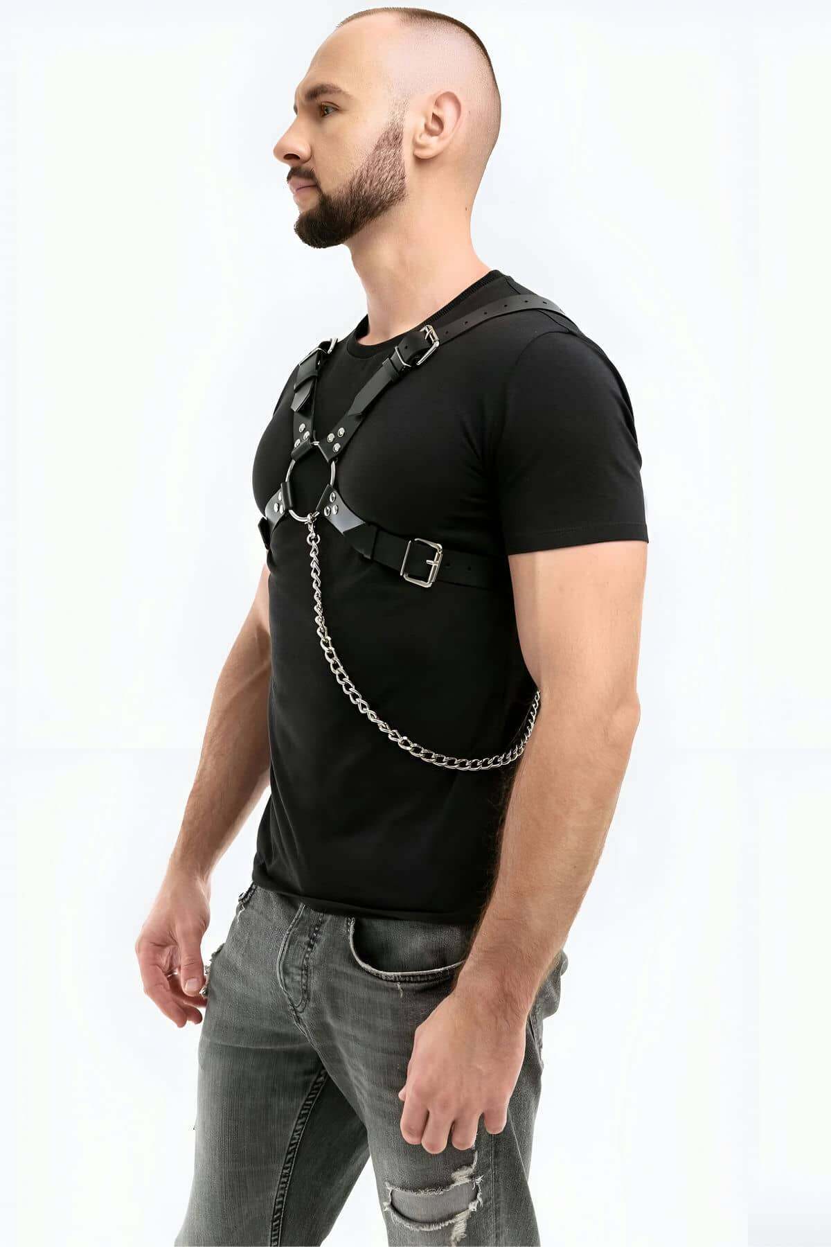 CLZ41 Zincir Detaylı Deri Erkek Göğüs Harness - Ürün Rengi:Siyah